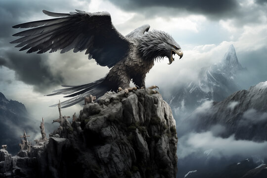 Epic Roc Bird from Middle Eastern Mythology Creature Perched on Mountain Peak.  Digital Illustration.