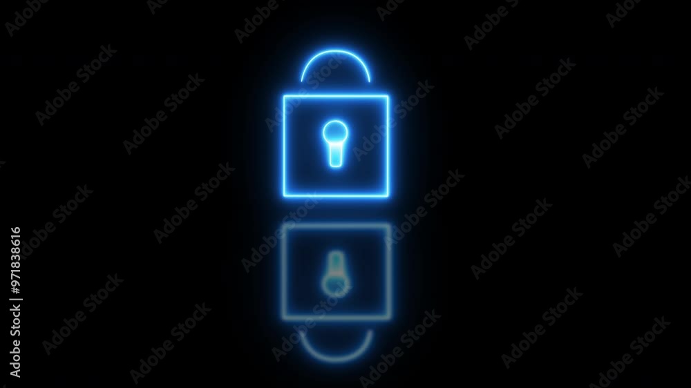 Poster Neon lights, lock and cyber security with protection for data, server and encryption on dark studio background. Empty, icon and symbol for safety for information, digital footprint space and software