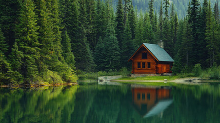 A serene lakeside cabin nestled among pine trees, with the still water mirroring the peaceful scene.