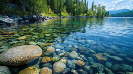 Naklejka premium A crystal-clear lake with a rocky shoreline, showing the underwater stones and aquatic plants in sharp detail.