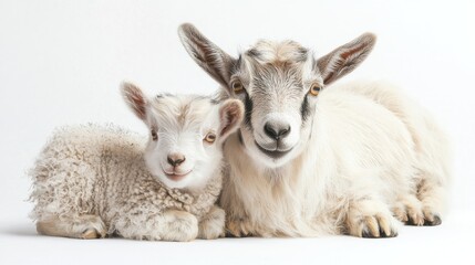 Obraz premium Close-up of cute baby goat and sheep lying together