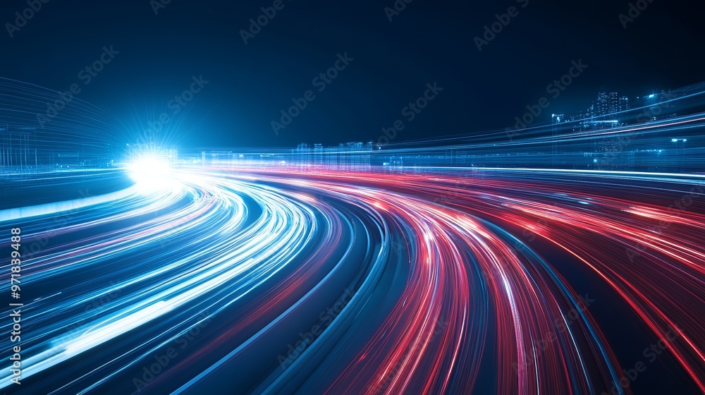 Poster abstract background with high-speed motion and data transfer concept, featuring light trails and lon