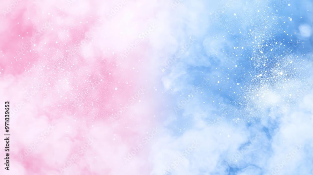 Poster blue and pink colorful clouds of smoke mixed with shiny glitter powder particles, creating an abstra