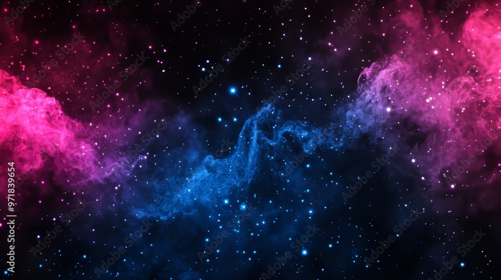 Poster blue and pink colorful clouds of smoke mixed with shiny glitter powder particles, creating an abstra