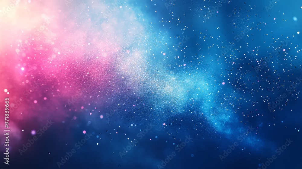Poster blue and pink colorful clouds of smoke mixed with shiny glitter powder particles, creating an abstra