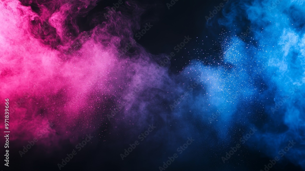 Poster blue and pink colorful clouds of smoke mixed with shiny glitter powder particles, creating an abstra