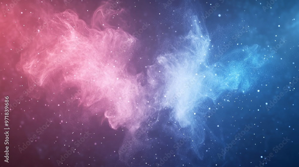 Poster blue and pink colorful clouds of smoke mixed with shiny glitter powder particles, creating an abstra
