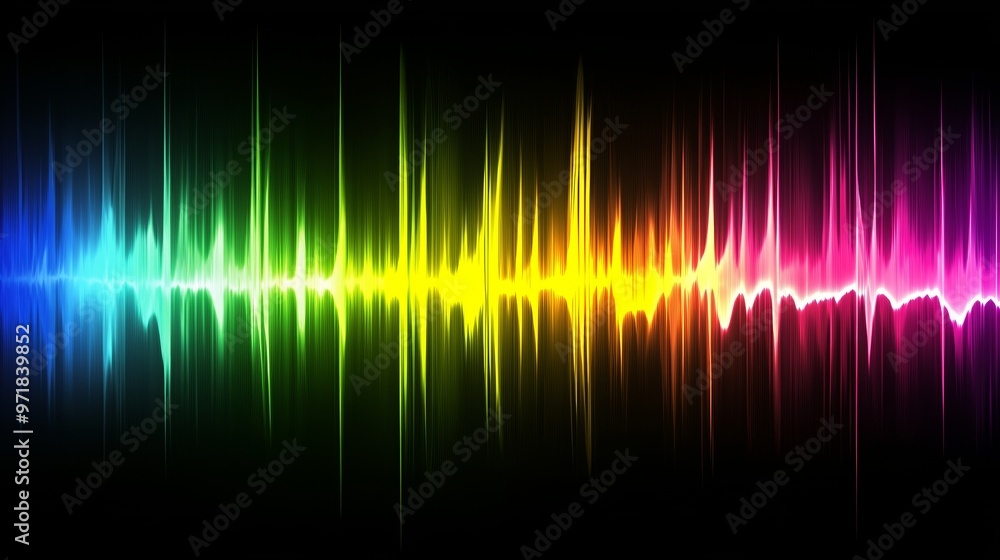 Poster vibrant multi-colored sound wave background with flowing lines and dynamic frequencies, perfect for 