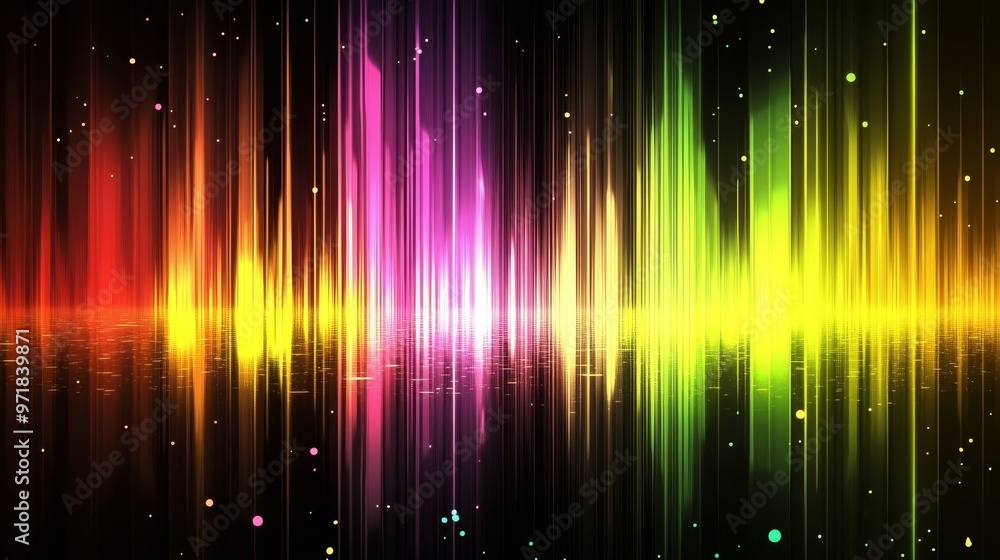 Poster vibrant multi-colored sound wave background with flowing lines and dynamic frequencies, perfect for 