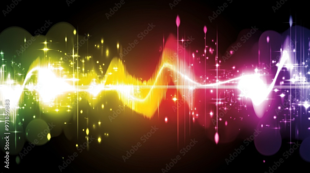 Poster vibrant multi-colored sound wave background with flowing lines and dynamic frequencies, perfect for 