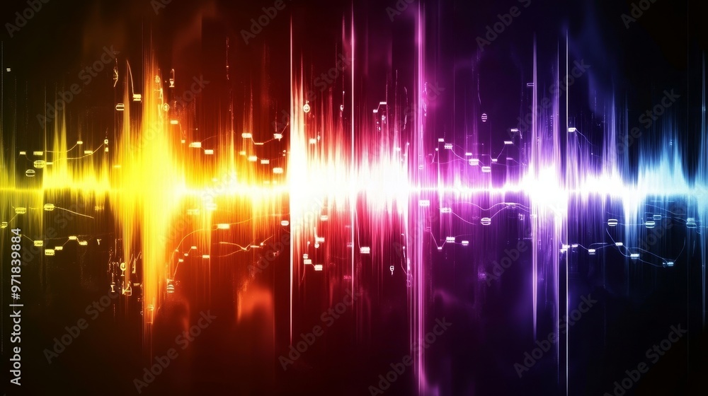 Poster vibrant multi-colored sound wave background with flowing lines and dynamic frequencies, perfect for 