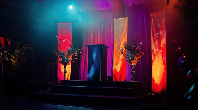 A podium at a charity event, with a banner behind and decorations highlighting the event theme.