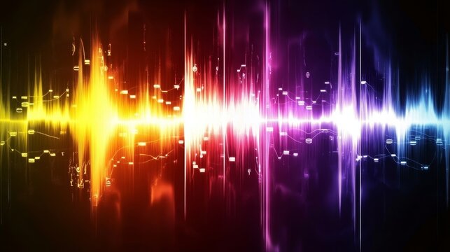 Vibrant multi-colored sound wave background with flowing lines and dynamic frequencies, perfect for audio visualizations, digital designs, music concepts, and modern abstract presentations