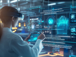 Female Professional Viewing AI Interface on Air Display and Handheld Device
