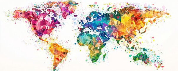 A world map made of vibrant, multicolored abstract shapes representing interconnected global networks, global communication, abstract representation