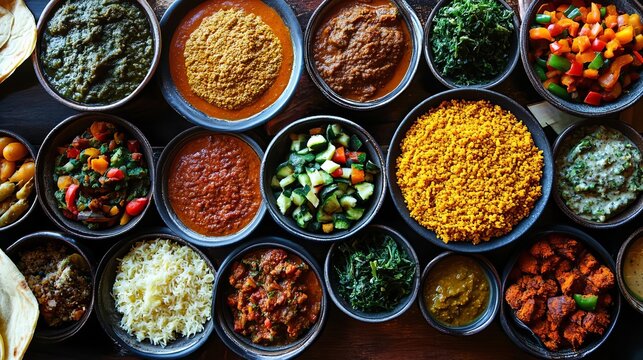 A vibrant table filled with Ethiopian dishes served on injera, with colorful stews and vegetables, Ethiopian cuisine, communal dining