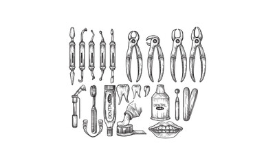 Hand-Drawn Illustration of Dental Tools, Supplies, and Mouth