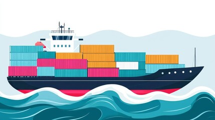 Obraz premium Flat design of a cargo ship navigating through waves, with containers stacked in different colors, using a clean, minimalistic style Freight Business, Maritime freight illustration