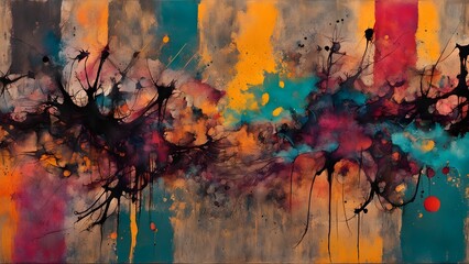 Abstract watercolor painting with black, red, orange, yellow, teal, and blue hues on a white canvas with stripes.