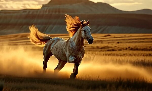Wild horse running through desert at sunset with ai generated.
