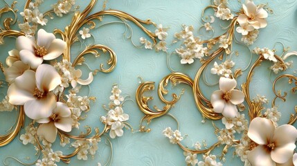 Intricate floral ornament featuring ornate golden swirls and flowing vines, capturing nostalgic elegance on a dreamlike background