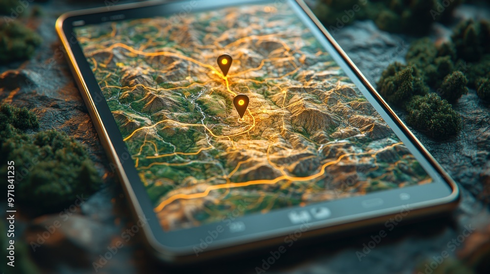 Poster a smartphone displaying a detailed topographic map with markers.