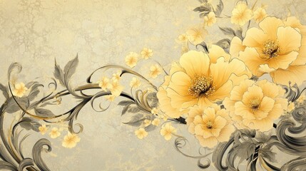 Intricately illustrated temporary floral ornament with golden blooms, ornate vines, and swirling patterns, set against a soft dreamlike backdrop