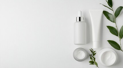 Skincare set with a clean, white background and delicate lighting, copy space in the center