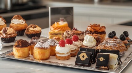Stylish gourmet pastries arranged on a Chanelthemed serving platter, with a sophisticated and modern kitchen background