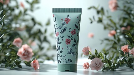 Floral Green Cream Tube Mockup on White Background