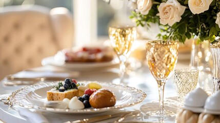 Gourmet brunch items with Chanelthemed accents on a chic dining table, with soft natural light and elegant table settings