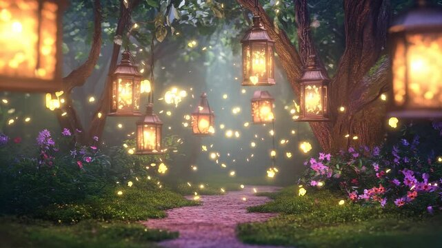 Magic forest path with glowing lanterns and blooming flowers at twilight