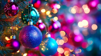 Fototapeta premium Colorful Christmas ornaments hanging on a festive tree with a vibrant bokeh background.