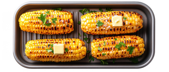 Freshly Baked Corn Cobs in Elegant Metal Tray.