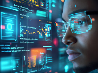Man Staring at an AI Screen in a High-Tech Environment