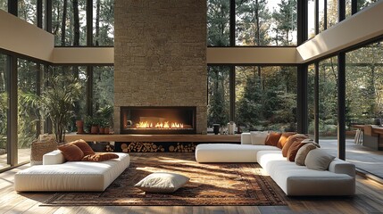 Modern Living Room with Fireplace and Forest View