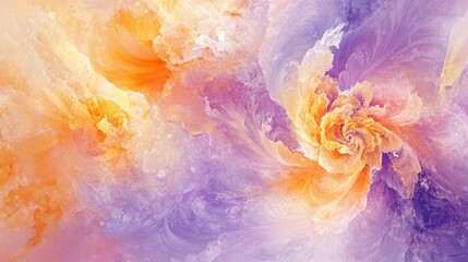 Fototapeta premium Vibrant swirling abstract floral patterns in soft shades of light purple, orange, and yellow, with intricate details and watercolor textures for a dreamy atmosphere