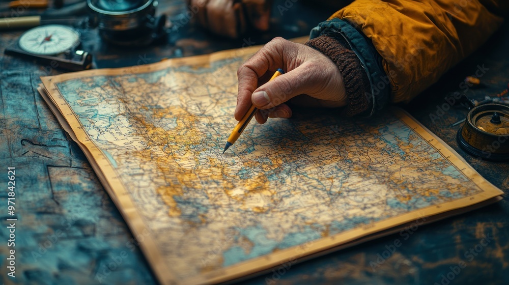 Poster a hand tracing a route on an old map with a pencil.