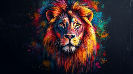 Fototapeta premium Vibrant artistic illustration of a lion's face with colorful abstract paint splashes