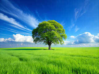 Fototapeta premium tree on a fieldtree, sky, field, grass, landscape, green, nature, meadow, blue, summer, spring, cloud, environment, rural, horizon, countryside, oak, land, clouds, country, sun, natural, beautiful, se