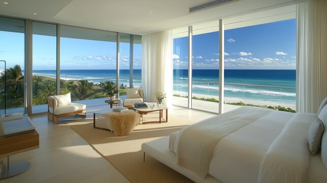 Minimal beachfront room with clean lines soft neutral tones and unobstructed ocean views from floor-to-ceiling windows