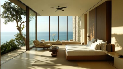 Fototapeta premium Luxurious beachfront room with a minimalist aesthetic natural materials and floor-to-ceiling windows providing uninterrupted ocean views