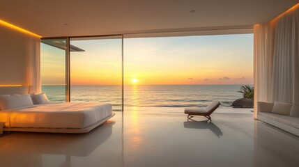 Fototapeta premium Elegant beachfront room with minimalist decor clean white walls and expansive windows showcasing a stunning sunset over the sea