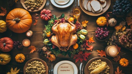 Close-up of a Thanksgiving feast spread on a wooden table with Thanksgiving Day text displayed on top