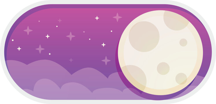 Night mode user interface button featuring a full moon and stars on purple sky background