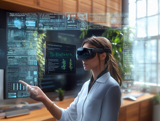 Close-up of a futuristic AI interface displaying complex algorithms and data analysis, with a professional working on a computer in a high-tech environment