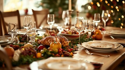 The phrase Thanksgiving Day written in a calligraphic style over a background of a well-set wooden dinner table