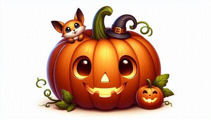 Cute Cartoon Pumpkin with Fox and Witch Hat for Halloween