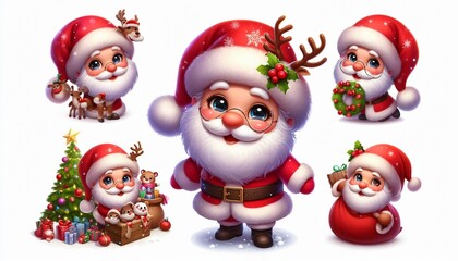Cute Cartoon Santa Claus Character Set for Christmas Greetings