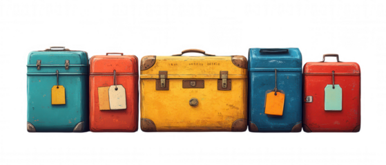 Colorful Suitcase Collection with Cartoon-Like Design and Decorative Elements